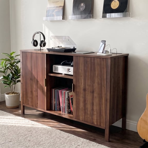 Melidee Record Player Stand with Vinyl Storage Cabinet, Art Deco, Charging Station, Holds 350 Albums, 47.3" x 15.7" x 31.1"H