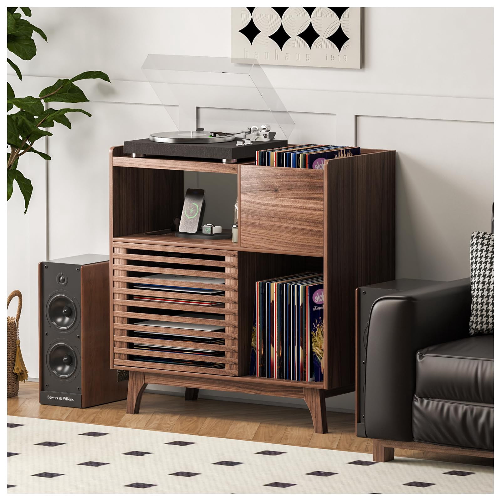 Record Player Stand with Vinyl Storage and Charging Station,Mid Century ...