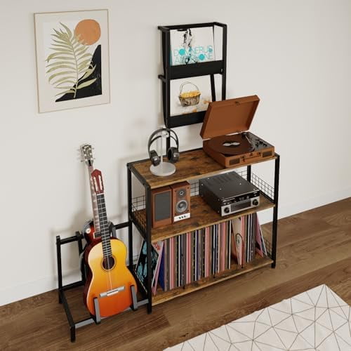 Record Player Stand with Vinyl Storage, Large Record Player Table Holds up to 400 LPs, Vinyl Record Storage with Display Shelf, Stereo Cabinet and Media Stand with Record Holder (Brown)$$Furniture