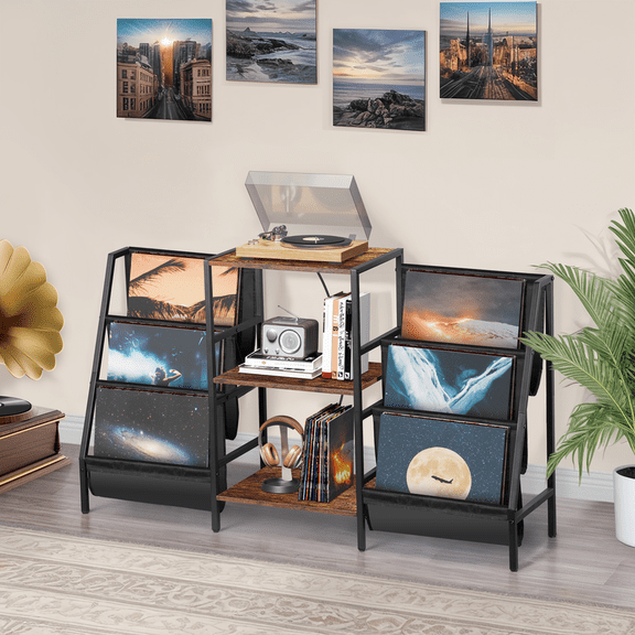 Record Player Stand with Vinyl Storage & Power Outlet, Turntable Stand with 3-Tier Shelf & 6 Side Pockets, Brown & Black Display Table for Living Room, Bedroom, 48.8" x 11.8" x 28.7"