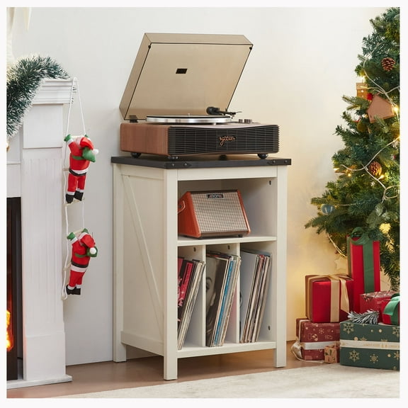 Record Player Stand, White Turntable Stand Holds up to 160 Albums, Mid-Century Vinyl Storage Cabinet Table with Solid Wood Legs, Record Player Holder Dispaly Shelf for Bedroom Living Room