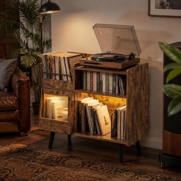 Record Player Stand, rustic brown, tempered glass door, built-in LED light, power outlets