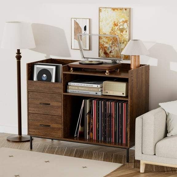 Record Player Stand with Adjustable Shelves Holds 350+ Vinyls, Mid-Century Brown Wood Grain Turntable Table with Speaker Shelf & 2 Drawers