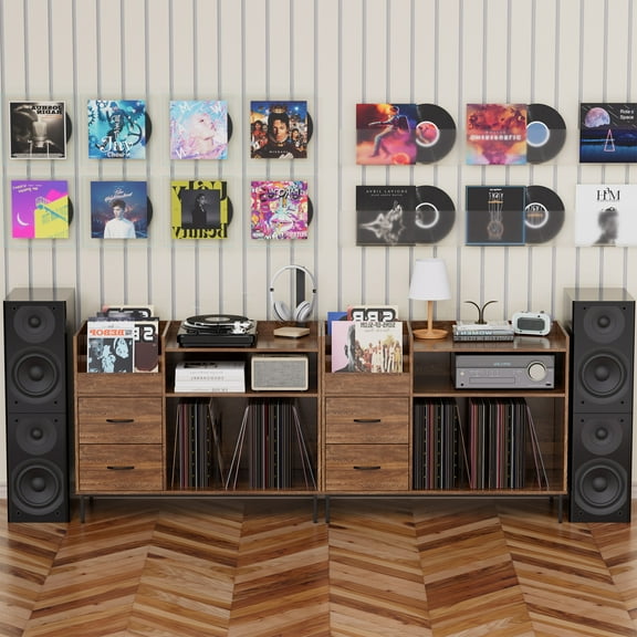 Record Player Stand with Adjustable Shelves Holds 350+ Vinyls, Mid-Century Brown Wood Grain Turntable Table with Speaker Shelf & 2 Drawers