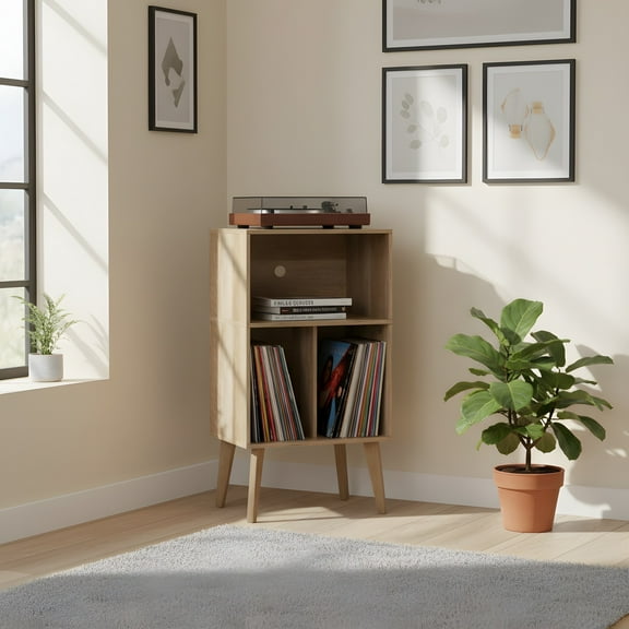 Record Player Stand with Album Storage - Mid-Century Modern Design