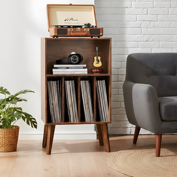 Record Player Stand with Album Storage - Mid-Century Style, Brown Finish