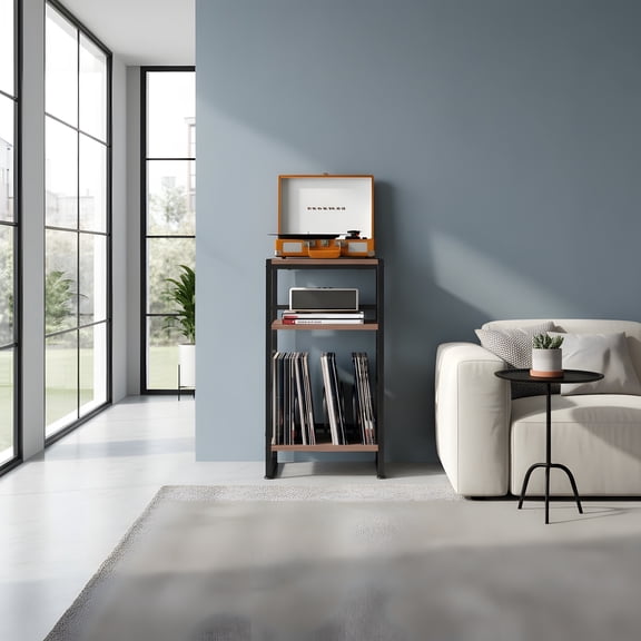 Record Player Stand with Album Storage - Retro Style End Table for Living Room