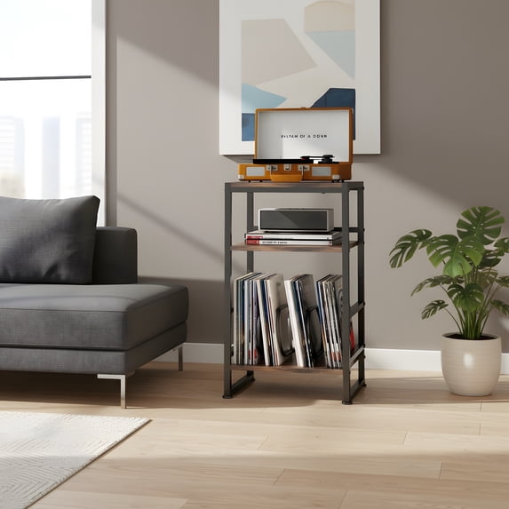 Record Player Stand with Album Storage - Rustic End Table for Living Room