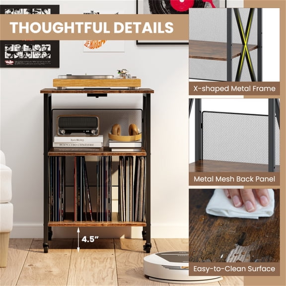 Record Player Stand with Charging Station, 3-Tier Adjustable Shelf Rolling Turntable Stand