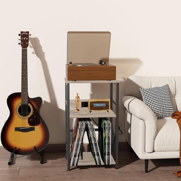 Record Player Stand with Charging Station, 3-Tier Side Table for 100 Vinyl Storage, End Table for Living Room, Bedroom, Greige HKET1001GY