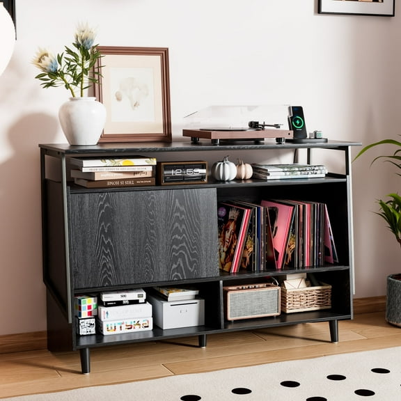 Record Player Stand with Charging Station Table with Vinyl Record Storage, Mid Century Large Turntable Stand End Table for Living Room Bedroom