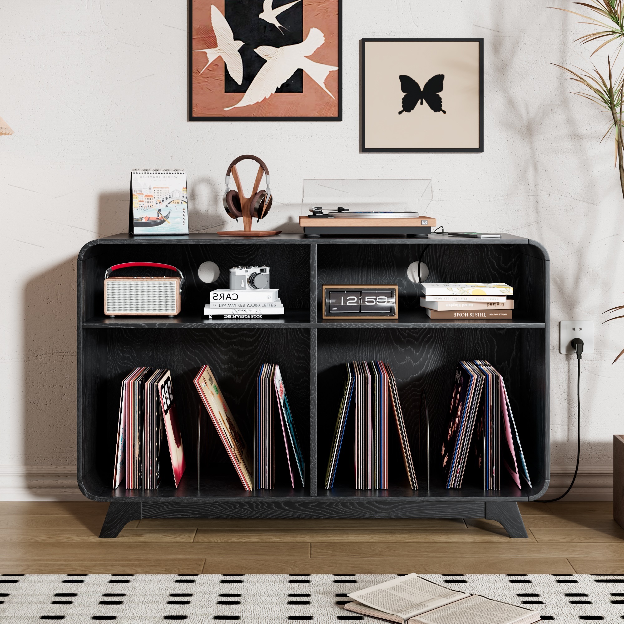Record Player Stand with Charging Station & USB Ports, Record Storage Cabinet, Mid Century Modern Turntable Stand for Bedroom, Black