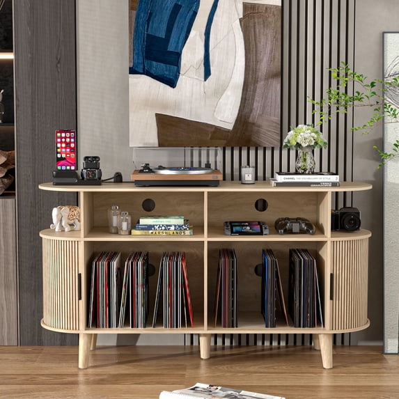 Record Player Stand with Charging Station, Vinyl Record Storage Cabinet, Mid-Century Modern Turntable Stand for Living Room, Oak Color