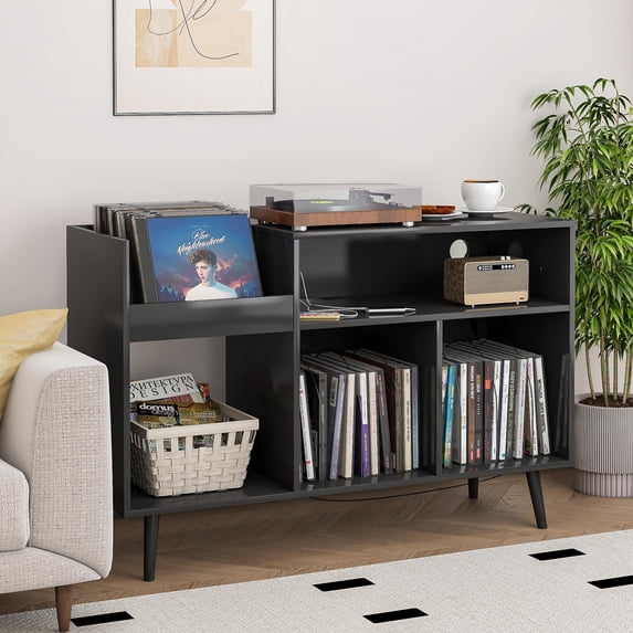 Record Player Stand with Charging Station, Vinyl Record Storage Cabinet, Turntable Stand