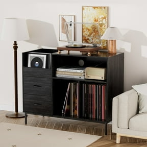 Record Player Stand with Power Outlet & Flip-Down Lid, Black Wood Grain Turntable Table with Storage for 300+ Vinyls & Dust Protection