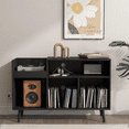 thumbnail image 1 of Record Player Stand with Power Outlet, Mid-Century Record Player Table with Open Vinyl Storage Holds up to 300 Albums, Living Room Office, Black, 1 of 7