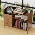 thumbnail image 1 of Record Player Stand with Power Outlet, Turntable Table with Flip-Down Lid and Storage for 300+ Vinyl Records, Media Console with 2 Drawers, Brown, 1 of 18