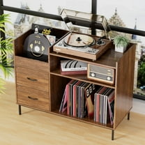 Record Player Stand with Power Outlet, Turntable Table with Flip-Down Lid and Storage for 300  Vinyl Records, Media Console with 2 Drawers, Brown