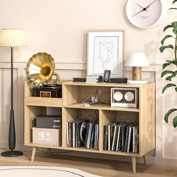 Record Player Stand with Power Outlets, Vinyl Record Storage Table, Turntable Table