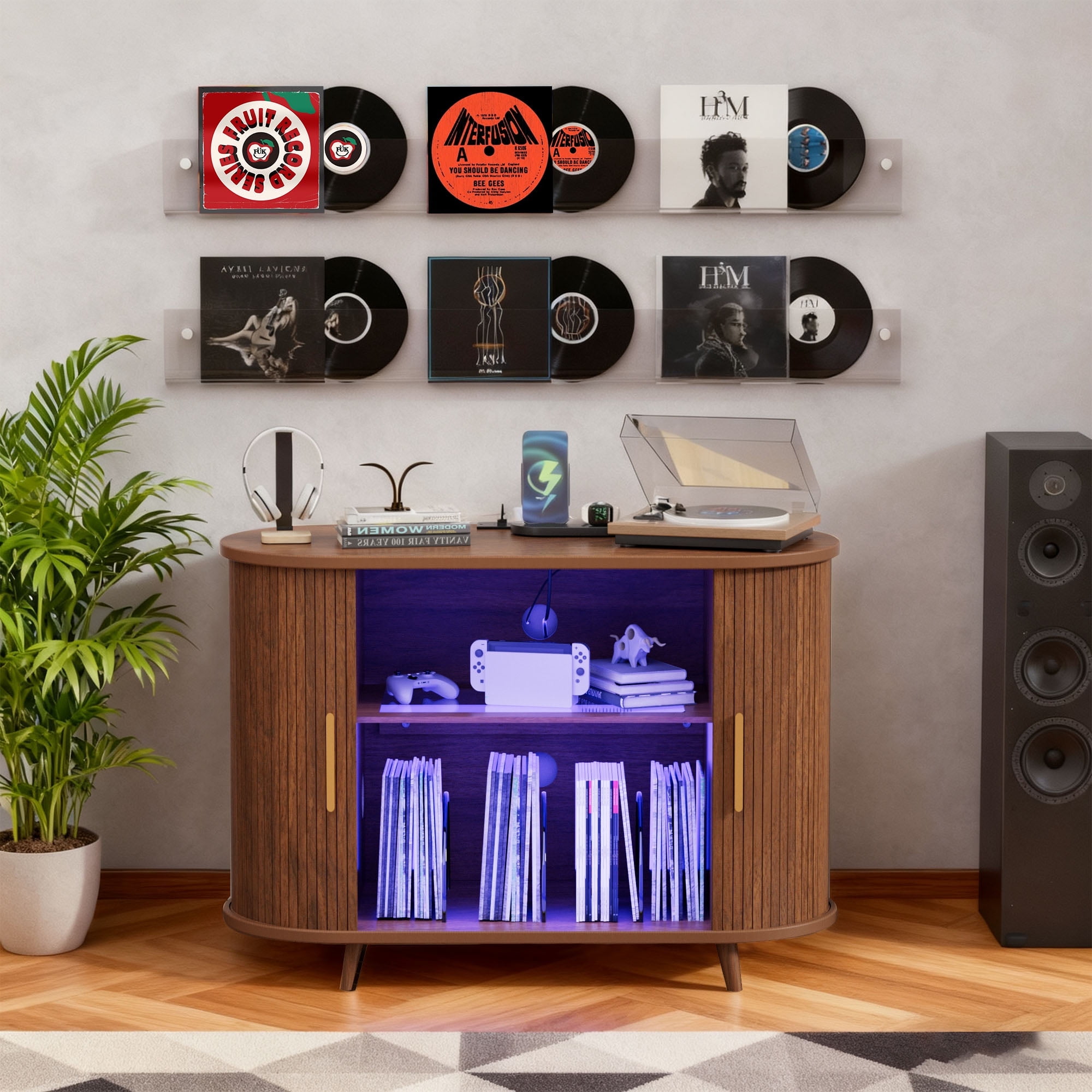 39in Large Round Record Player Stand with Charging Station &LED, Record Storage Cabinet, Mid Century TV Stand for Bedroom, Walnut