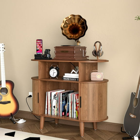 Fiogmub Record Player Stand with Sliding Door, Vinyl Record Storage Cabinet, Record Player Table