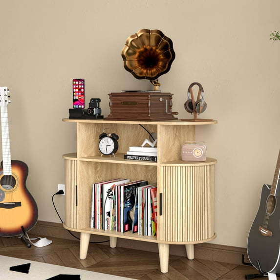 Record Player Stand with Sliding Door, Vinyl Record Storage Cabinet, Record Player Table