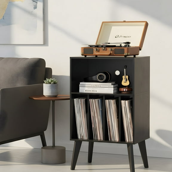Record Player Stand with Storage - Mid-Century Vinyl Record Cabinet