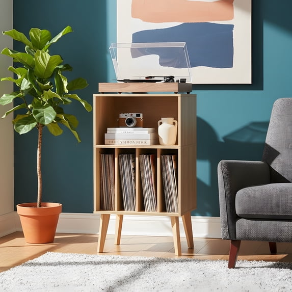 Record Player Stand with Storage - Mid-Century Vinyl Record Holder