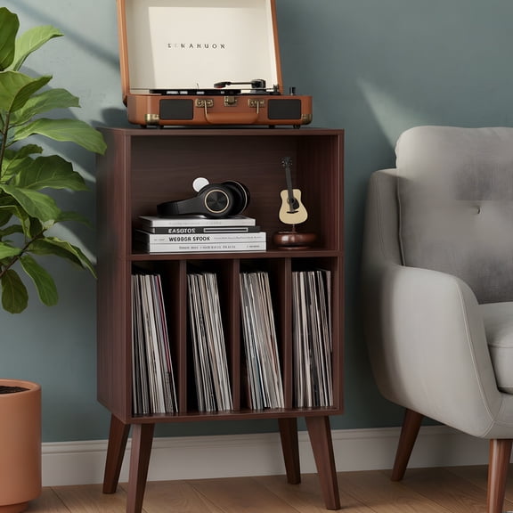 Record Player Stand with Storage - Mid-Century Walnut Vinyl Record Holder