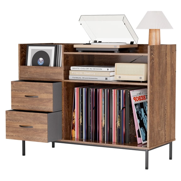 Record Player Stand with Storage for 500+ Albums, Mid-Century Modern Turntable Shelf & Drawers Sturdy Wood & Metal Audio Console for Living Room