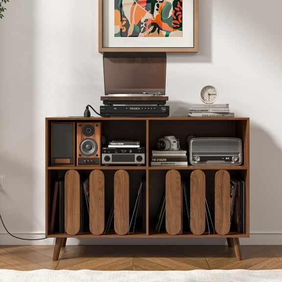 Record Player Stand with Vinyl Storage, Record Player Table with Power Outlet, Turntable Stand with Wood Legs for Living Room