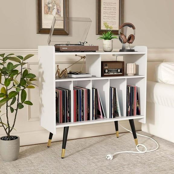 Record Player Stand with Vinyl Storage White: 33" Turntable Stand Wood, Vinyl Record Player Table with Storage, Modern Media Console Cabinet (White)
