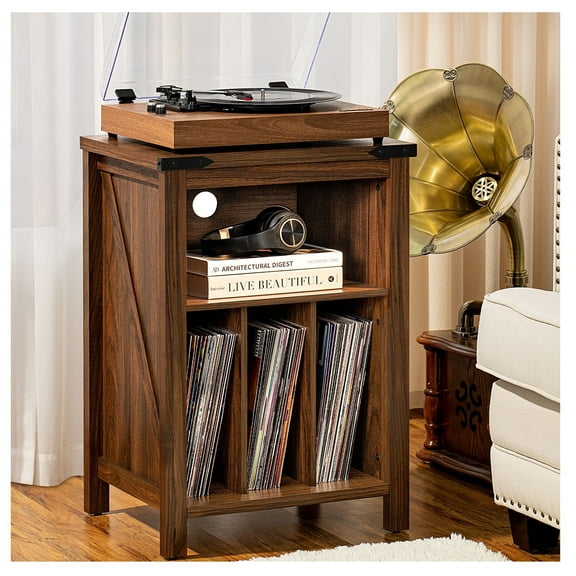 Record Player Table with Vinyl Record Storage, Holds up to 160 Albums, Large Wood Turntable Stand Cabinet Display Record Shelf for Living Room, Bedroom, Office