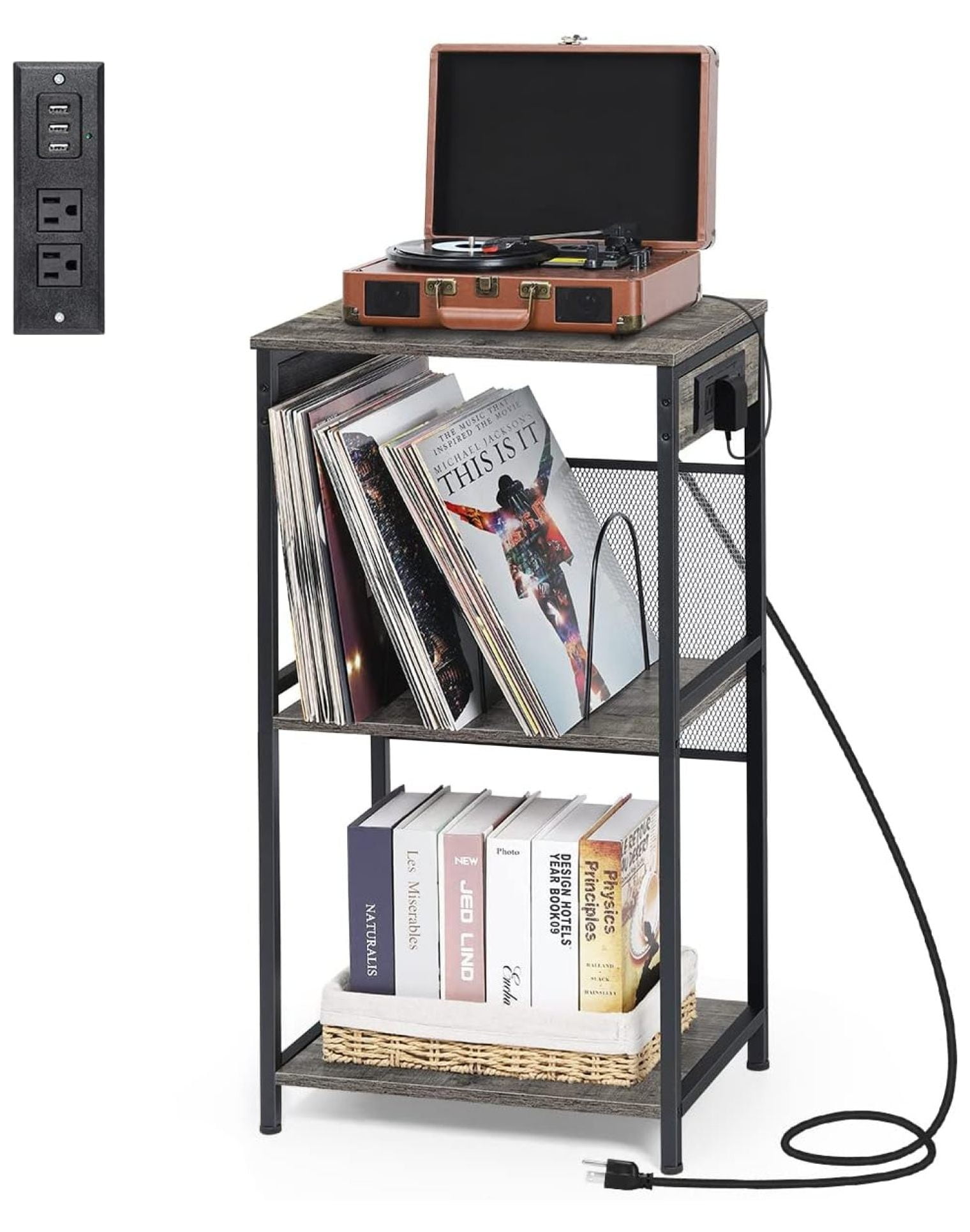 Record Player Table with Charging Station, 3Tier Record Player Stand