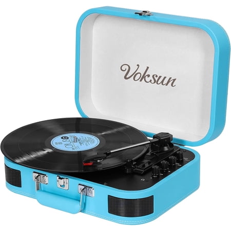 Record Player, Voksun Bluetooth Turntable with Built-in Stereo Speakers, 3-Speed Audio Turntables Suitcase Vinyl Player, Sky Blue