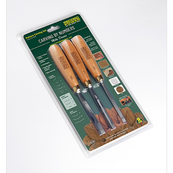 Record Power 3-Piece Pattern Carving Tool Set  Beech Handles, Brass Ferrules & Hardened Steel Blades  Compatible with Carving by Numbers Tutorials, Project Plans & Videos
