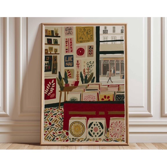 Record Shop Retro Illustration Vintage Music Colorful Vinyl Store Music Lover Wall Art Print, Unframed Paper Poster 24x36in