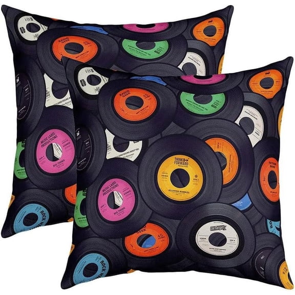Record Square Cushion Covers Set of 2 Vintage Disc Print Reversible Throw Pillow Covers for Kids Decor CD Musical Pattern Pillow Covers Home Decor Guitar Instruments Popstar Party 18 x 18-Inch