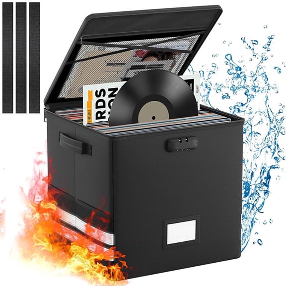 Record Storage Box with Lock,Fireproof＆Water,with Mesh Pocket and Reflective Strips,Hold upto100+Vinyl Records,Collapsible Storage Crate with Lid for Valuable Album Collection,CD,Magazine,ComicBook