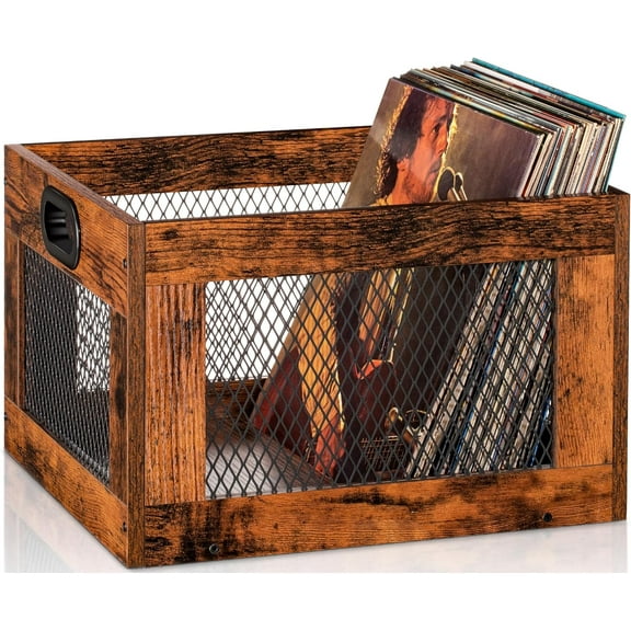 Vinyl Record Storage Crate Wooden Record Holder, Classic Cube Record Organizer Storage 100+ Records, Brown Color Vinyl Record Holder for Albums Super Easy to Assemble…