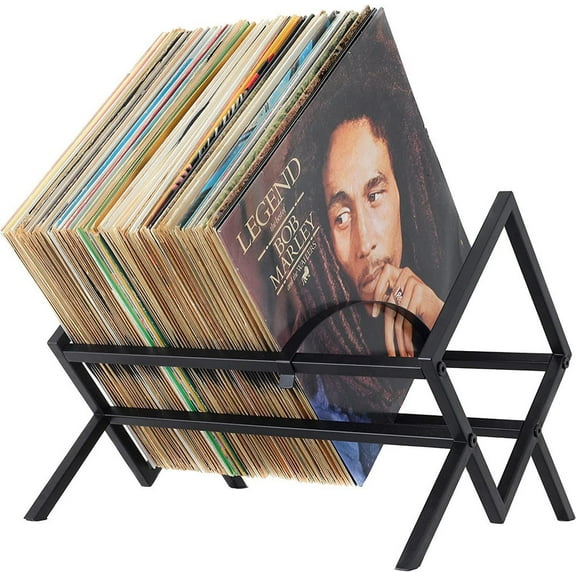 Record Storage Holder, Holds up to 90-110 LPs, Metal Vinyl Record Organizer Stand, Simple/Functional/Easy Assembly, Classical Design for Files/Book/Magazine Record Rack (Black)