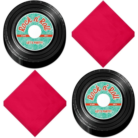 Record Themed Dessert Paper Plates and Solid Red Beverage Napkins, 50's Party Decorations (Serves 16)