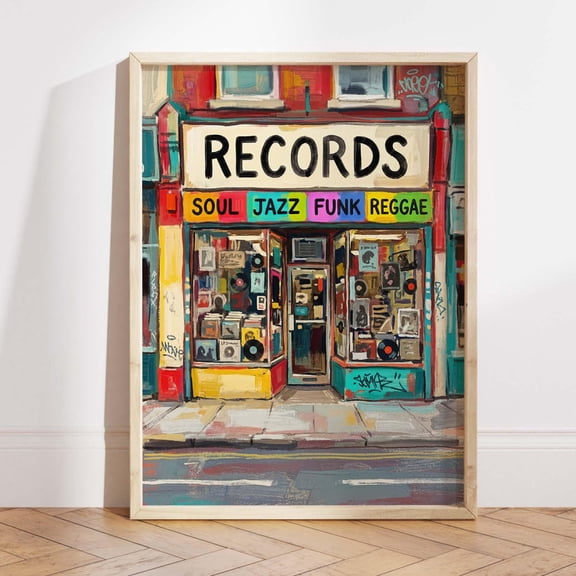 Record store wall art print vinyl shop poster colorful music store decor retro jazz soul funk reggae artwork