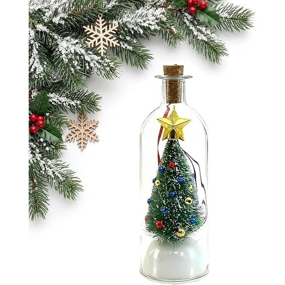 Recordable Christmas Tree Message in a Bottle Ornament with Playback, Light up Voice Message Keepsake, Snow Scene Glass Bottle Christmas Decorations for Home Tabletop Display Holiday Gift