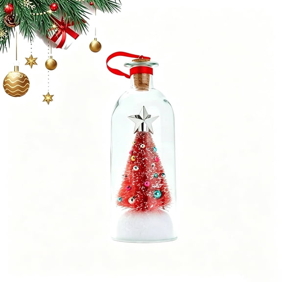Recordable Christmas Tree Message in a Bottle Ornament, mr Christmas Message in a Bottle,Voice Recording Holiday Keepsake with Playback, Snowy Scene Glass Bottle Decoration for Tree and Home(Red)