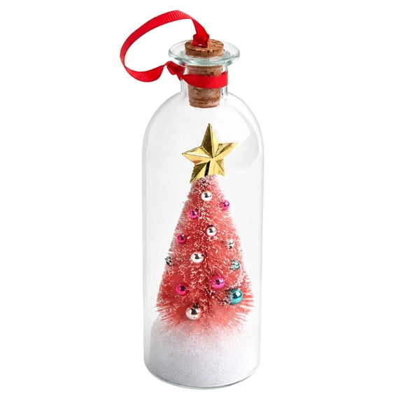Recordable Christmas Tree Message in a Bottle, Voice Recording Holiday Keepsake with Playback, Glass Christmas Gifts with Snowy Scene and Playback - Red