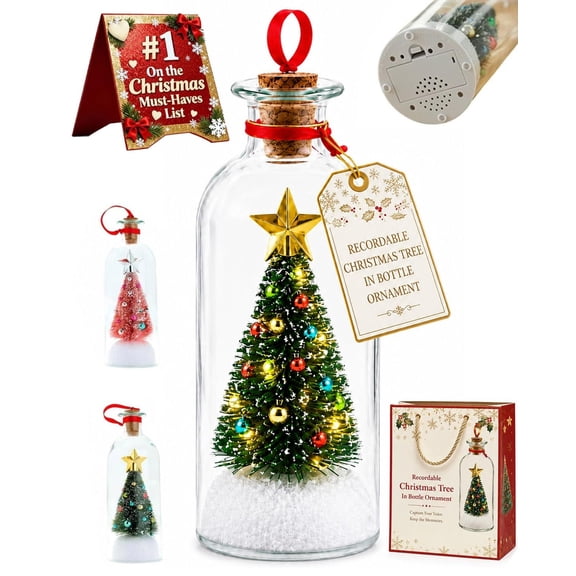Recordable Christmas Tree Message in a Glass Bottle Ornament 8 in Voice Recording Keepsake Giftcordable Sentimental Gift Holiday Sound Audio Souvenir Meaningful Special Decorative Home