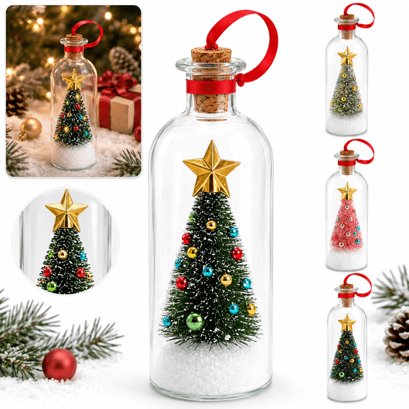 Recordable Christmas Tree Message in a Bottle, Glass Snowy Tree Ornament with Voice Playback Warm LED Light, Holiday Keepsake Gift Decor