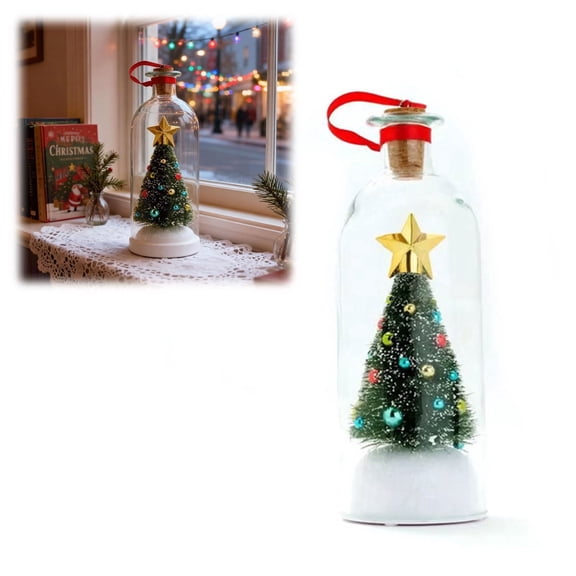 Recordable Christmas Tree Message in a Bottle Ornament, Voice Recording Holiday Keepsake, Snowy Scene Glass Bottle Decor