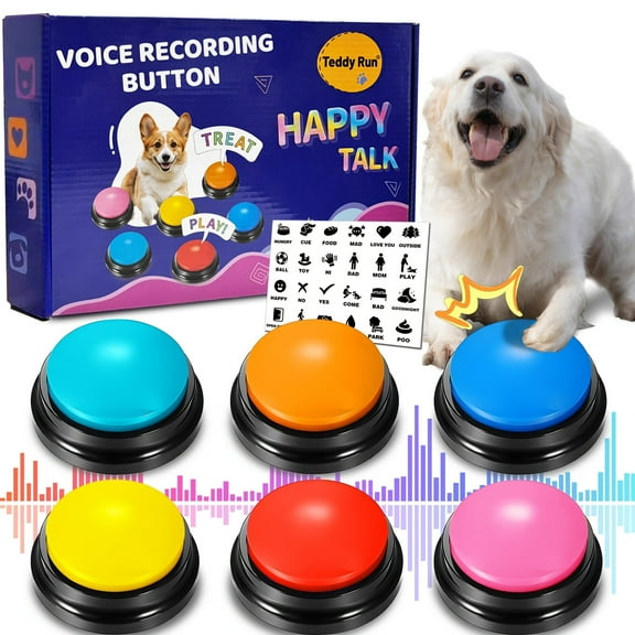 [Recordable Dog Buttons] 6pcs Dog Talking Button Set | Dog Buttons for Communication, 30s Voice Recordable Pet Training Buzzer, Speaking Buttons with Dog Activity Mat and 25 Scene Stickers
